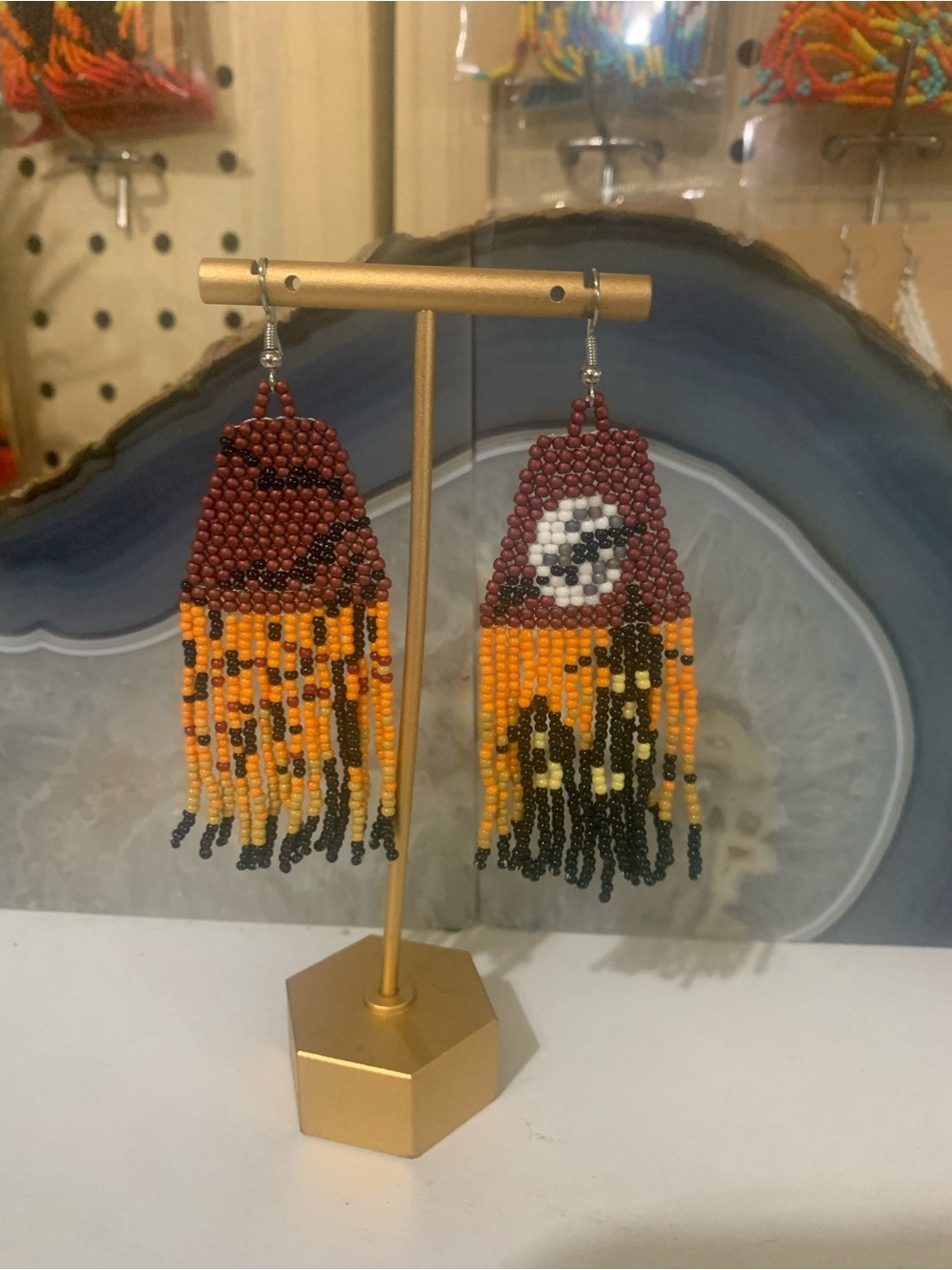 Handmade Beaded Fringe Earrings - Maroon, Orange & Black